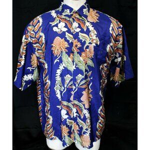 VTG 80s Hilo Hattie Men's Blue Shirt Size L Hawaiian Flowers Pocket 100% Silk